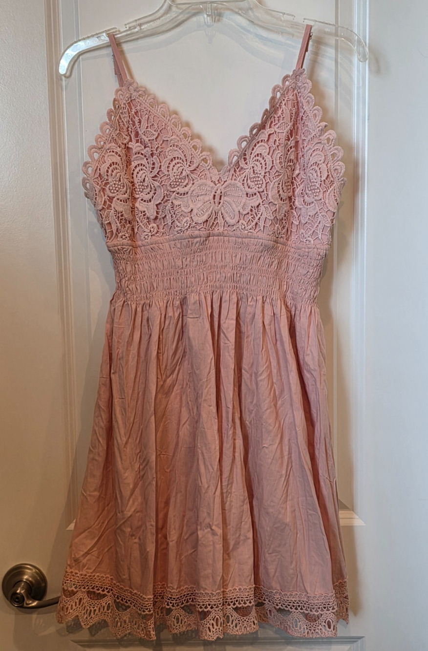 Red Marine Coquette Smocked Dress Sleeveless Womens M Pink Cotton Lace Boho NWT